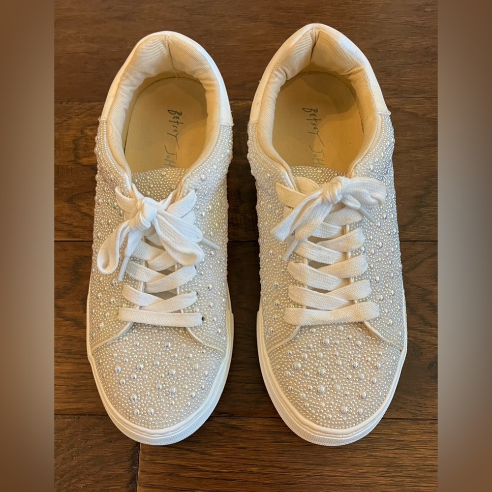 Betsey Johnson White Pearl-Embellished Sneakers